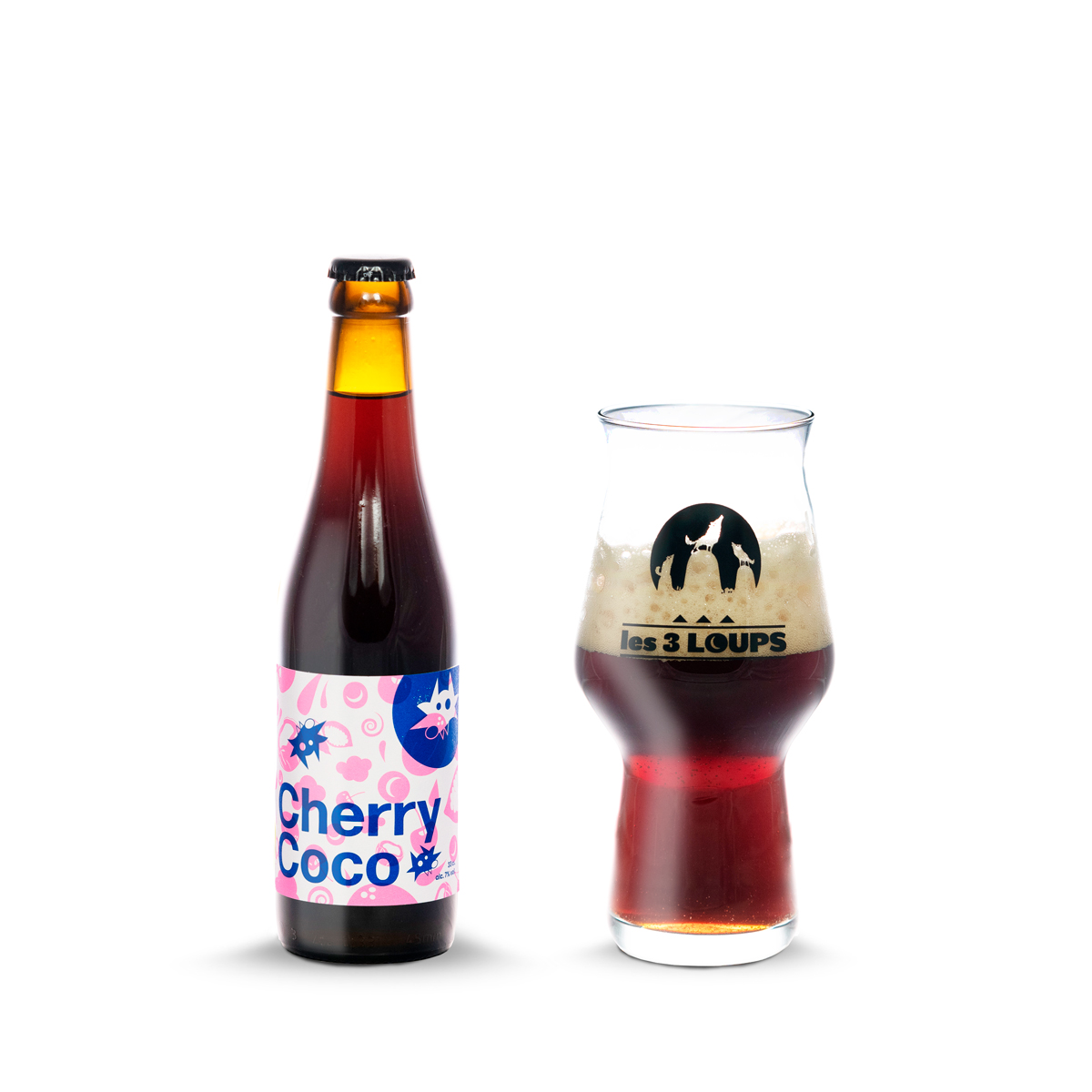 Bière artisanale 3 Loups Cherry Coco 33 cl, Milk Stout Forêt Noire, bouteille et verre