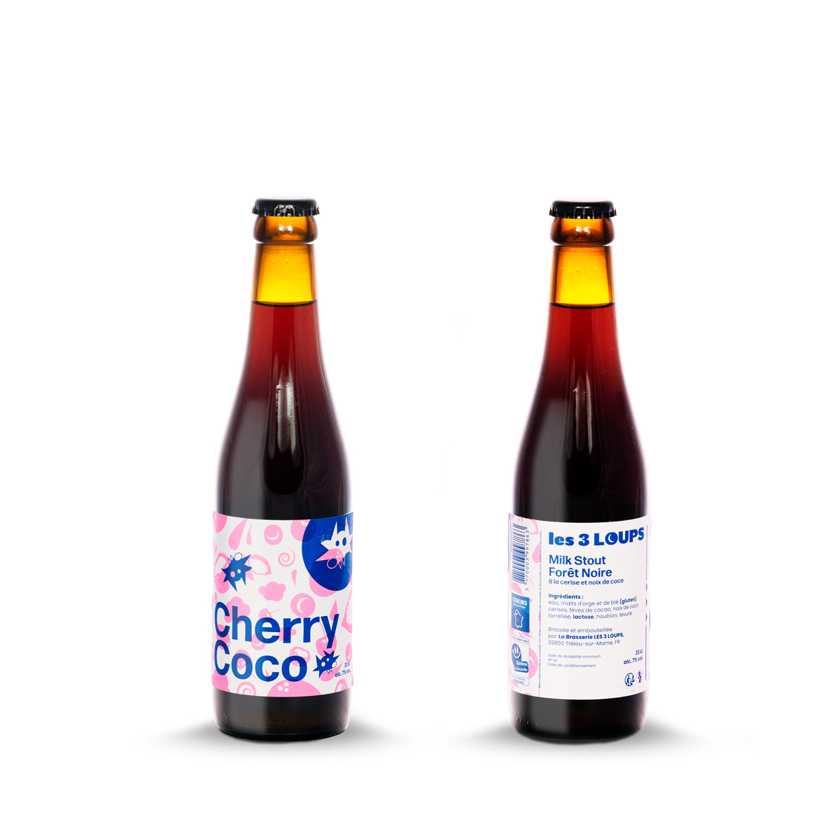 Bouteille Cherry Coco 33 cl, étiquette et contre-étiquette Milk Stout Forêt Noire