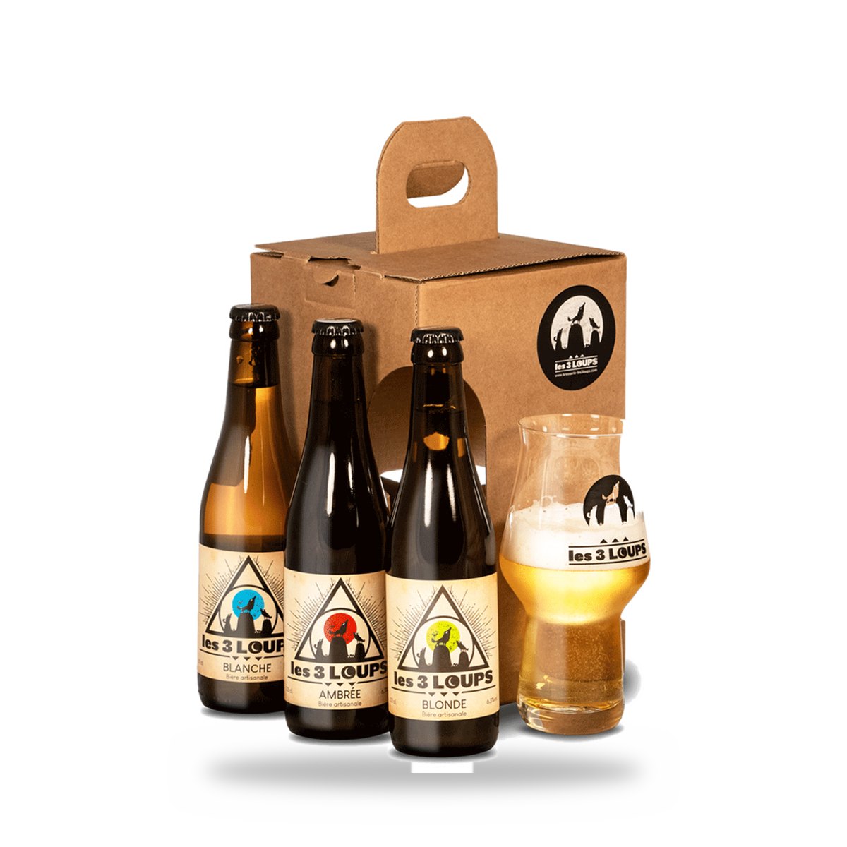 Coffret cadeau Les 3 Loups : 3 bières artisanales et un verre à bière de 50 cl